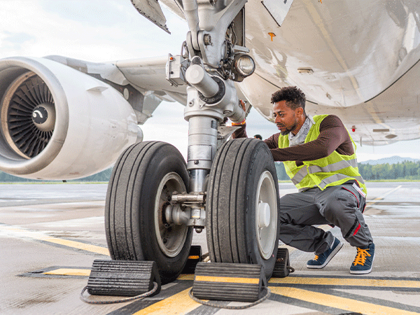 En mandlig flymekaniker arbejder på et flys dæk på en asfalt.