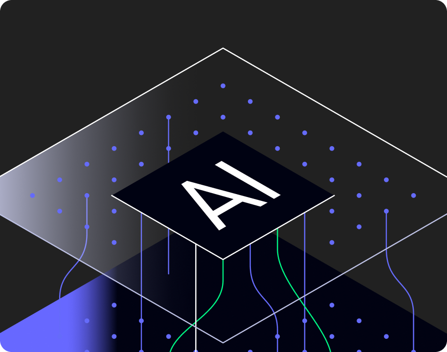 Et mørkt, lagdelt designkoncept med AI.